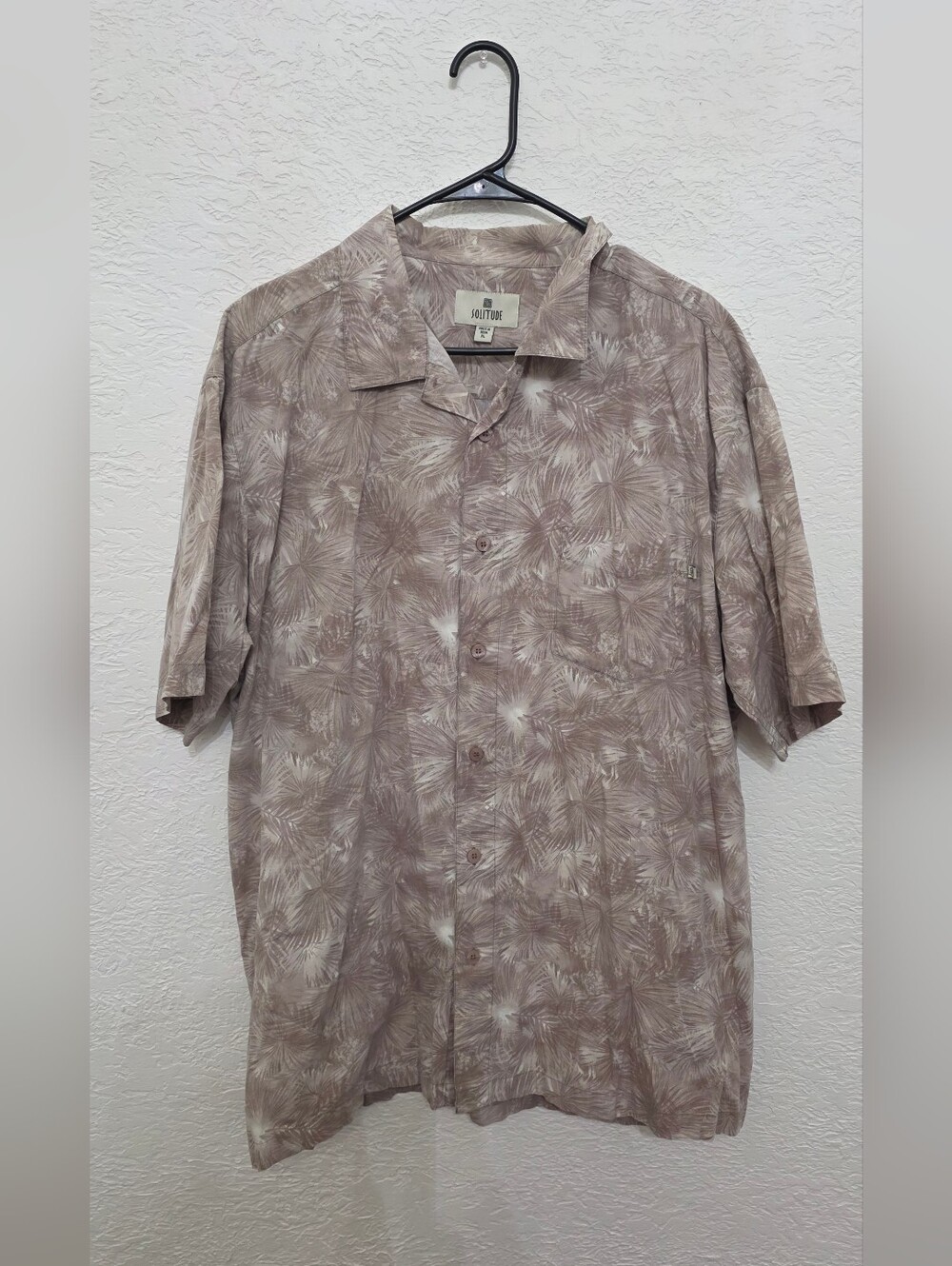 Men's Short Sleeve Button Up Shirt  Taupe Palm Print Solitude XL